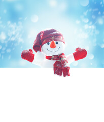 Merry christmas and happy new year greeting card. Happy snowman with white copy space