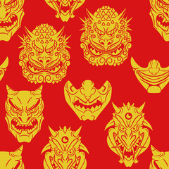 Fototapeta premium Oni and kabuki mask vector cartoon seamless pattern background for wallpaper, wrapping, packing, and backdrop.