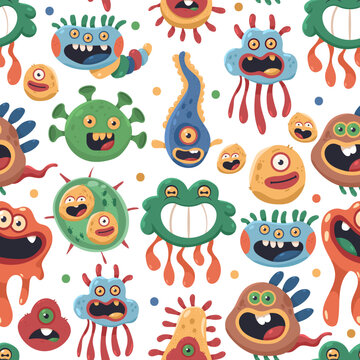 Cute germ and bacteria vector cartoon seamless pattern background for wallpaper, wrapping, packing, and backdrop.