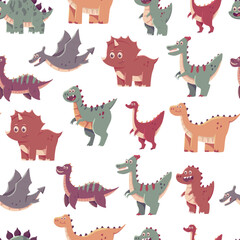 Dinosaurs vector cartoon seamless pattern on white background for wallpaper, wrapping, packing, and backdrop. © Roi_and_Roi