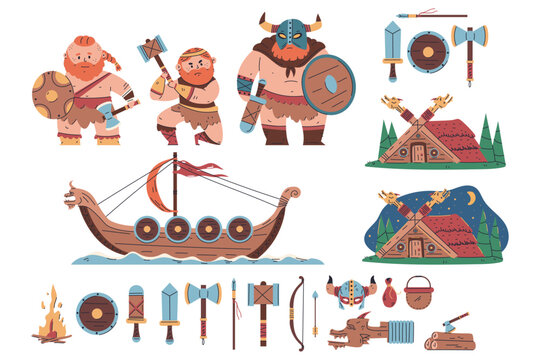 Cartoon vikings characters and elements vector set isolated on a white background.