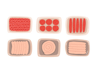 A flat vector set of various packages with semi-finished meat products, such as cutlets, barbecue sausages, minced meat, etc.