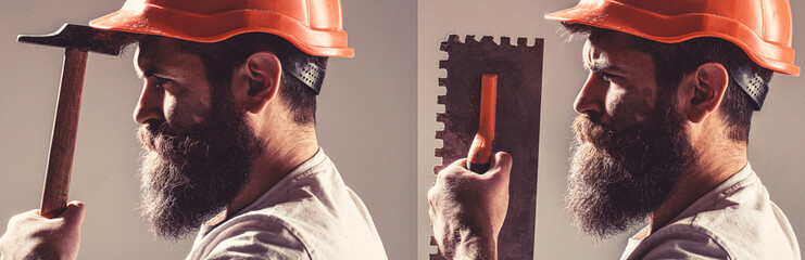 Builder in helmet, hammer, handyman, builders in hardhat. Bearded man worker with beard, building...