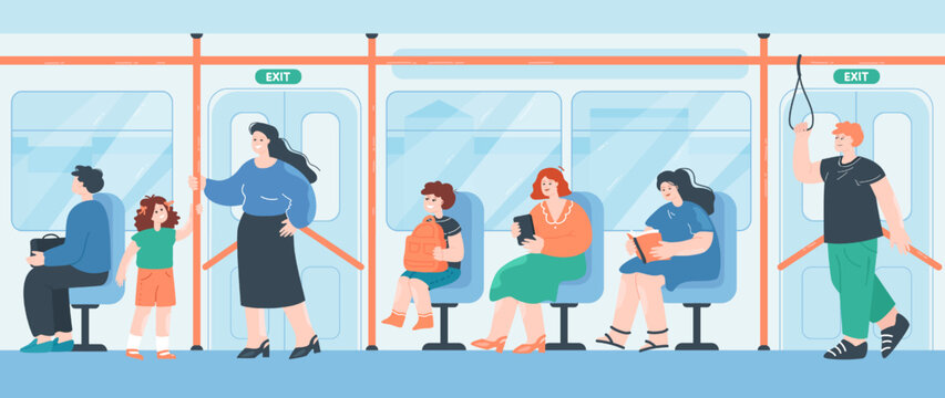Cartoon people sitting or standing in bus or subway. Persons inside metro train getting to destination flat vector illustration. Transportation, public transport concept for banner or landing web page