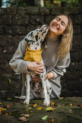 junger Dalmatiner Hund (Welpe / Junghund) mit gelben Halstuch im Herbst und junger hübscher Frau