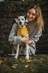 junger Dalmatiner Hund (Welpe / Junghund) mit gelben Halstuch im Herbst und junger hübscher Frau