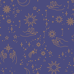 Seamless pattern with constellations. Sun, moon, magic hands and stars. Mystical esoteric background for design. Astrology magical vector.