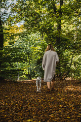 Junge Frau mit Dalmatiner Junghund / Welpe im Herbst spazieren