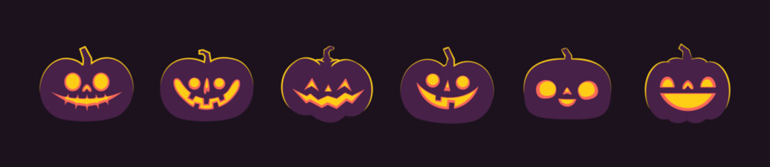 Set of carved halloween pumpkins. Jack o Lantern glowing inside with smile for your design for the holiday. Cute and fun vector illustration.