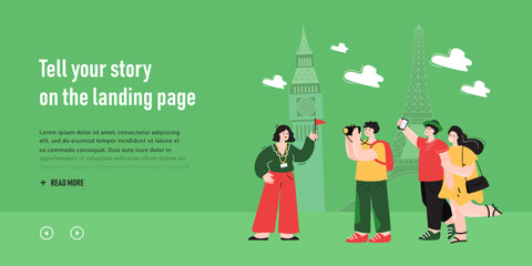 Fototapeta premium Group of tourists sightseeing and female tour guide holding flag. Happy cartoon people visiting cities on trip, person looking at map flat vector illustration. Traveling, vacation, tourism concept