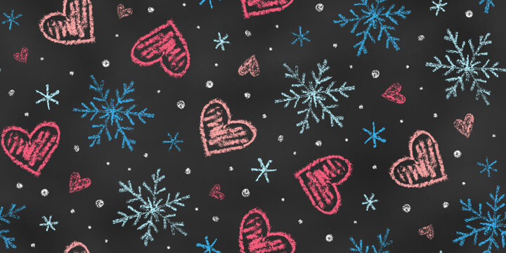 Seamless Pattern of Chalk Drawn Sketches Blue Snowflakes and Red Hearts on Black Blackboard. Stylized Grunge Endless Motif.