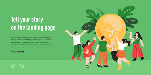 Team of tiny people meeting around lightbulb. Community of male and female characters thinking, brainstorming together flat vector illustration. Teamwork on business creative idea, brainstorm concept