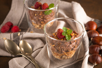 Glass cups of chocolate and chestnuts mousse