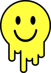 Melting smile. Dripping smile. Smile icon. Yellow smile. Good mood. Positive emoji. Flowing liquid. Emoji face. Illustration