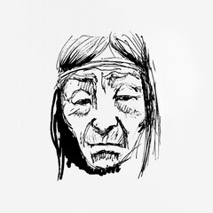 Close-up portrait of face of old native American man. Drawing by hand with black ink on paper. Black and white artwork.