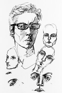 Portrait of face of young guy wearing eyeglasses, around different faces. Drawing by hand with black ink on paper. Black and white artwork. Collage concept.