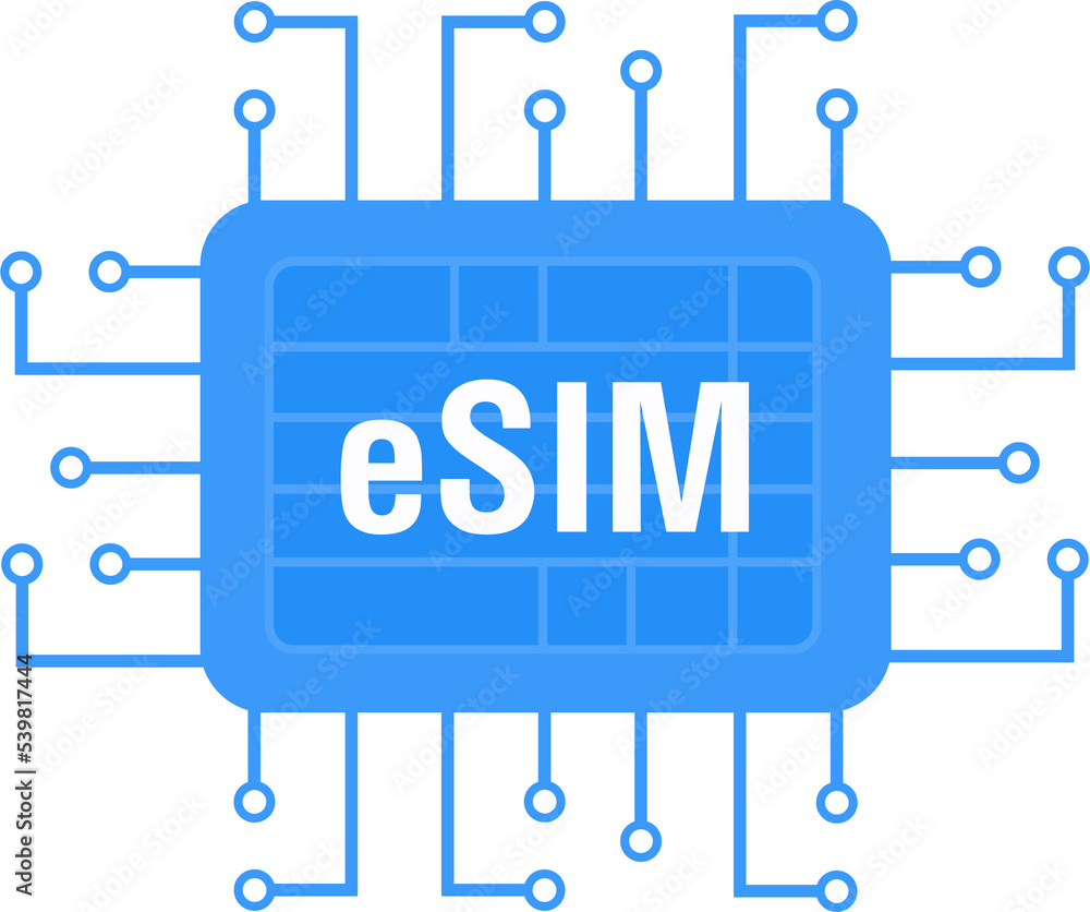 Poster esim card chip sign. embedded sim concept. new mobile communication technology and processor backgro