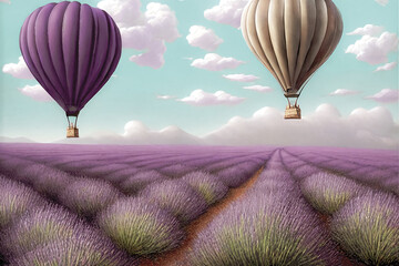 Fototapeta premium Lavender field, beautiful view, flying balloon, white-maned clouds, fantastic landscape