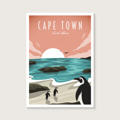 Fototapeta premium Vintage retro African penguin on cape town beach poster design illustration, seascape beach poster
