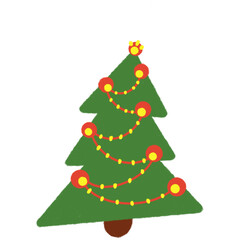 Hand drawn abstract new year tree with garland. Element for design. Green pine tree, red garlands, balls. PNG illustration.