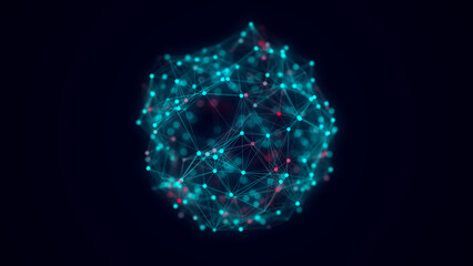 Abstract blue sphere with connecting dots and lines. Wireframe technology sphere. Big data visualization. 3d rendering.