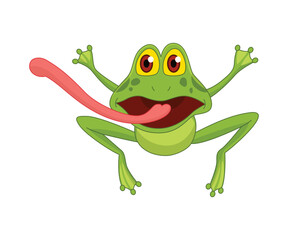 Cartoon frogs Funny cartoon frog. Little amphibia character jumping on white background. Adorable froggy shows tongue