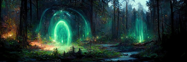 Fantasy magic portal in a Deep magical forest. 3D illustration. Generative AI - obrazy, fototapety, plakaty