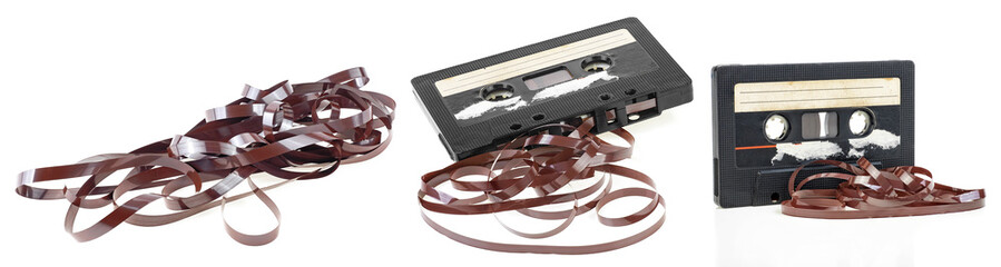 Collection of vintage audio cassette tape isolated on a white background