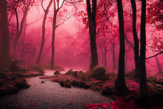 Ruby red fantasy forest, digital illustration, created with generative ai