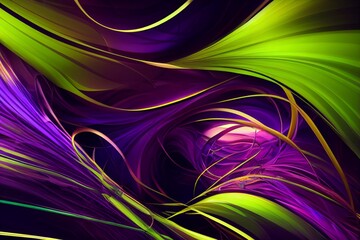 Computer generated green and purple Halloween swirl abstract 3D illustration background. A.I. generated art.