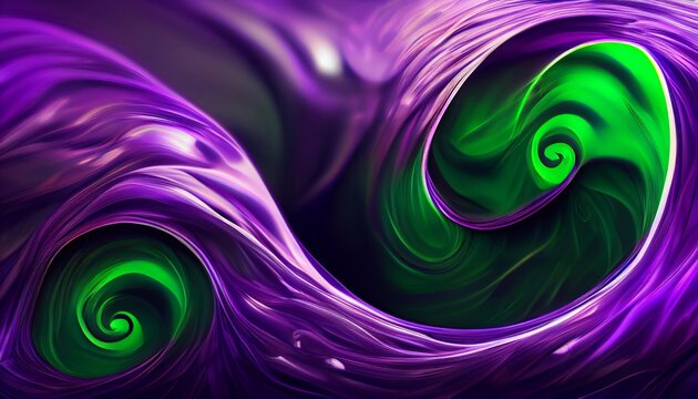 Computer Generated Green And Purple Halloween Swirl Abstract 3D Illustration Background. A.I. Generated Art.