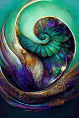 Nautilus of our dreams, we follow your path. Path of beauty and grace. Imaginary illustration of a perfect beautiful creature leading us to our destination
