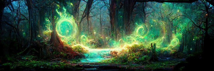 Fantasy magic portal in a Deep magical forest. 3D illustration. Generative AI - obrazy, fototapety, plakaty