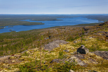 Landscapes overlooking the lake Kaskama. Panorama. Kola Peninsula, Arctic Circle, Russia