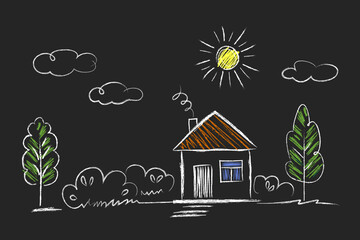 House, Sun, tree - doodle drawings are drawn by child's hand in chalk on the asphalt or on the school blackboard. White lines and color coloring on black blue background - obrazy, fototapety, plakaty