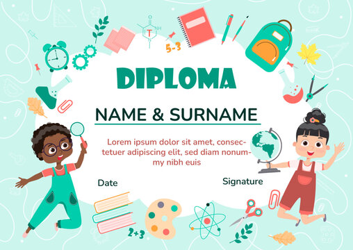 Diploma certificate template for school student and preschool for kids and children in kindergarten or primary grades with school pack, kit.Vector cartoon colorful flat illustration