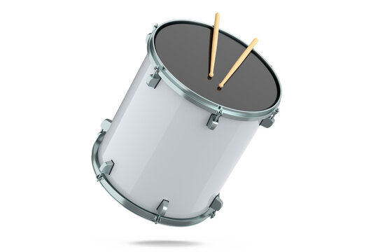 Realistic drum and wooden drum sticks on white. 3d render of musical instrument