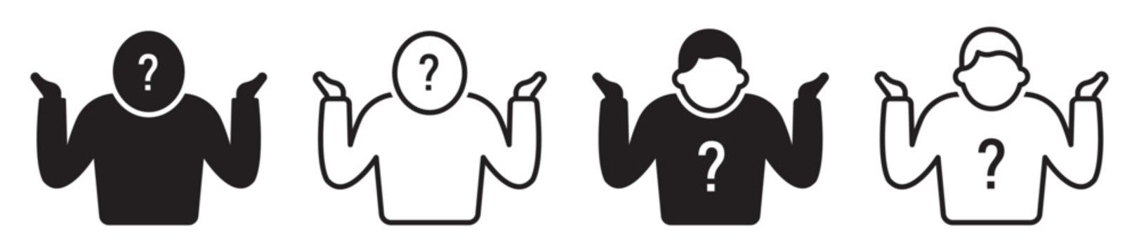 Set Of Shrug Icons, Doubt. Question Mark, Unsure, People, Man. Vector.