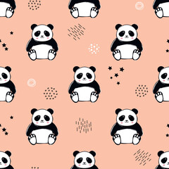 Naklejka premium Seamless childish pattern with a cute panda black and white bear on a pink background. Trendy scandinavian kids print for clothing, fabric, textile, packaging, wallpaper.