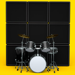 Set of realistic drums with metal cymbals or drumset and amplifier on yellow