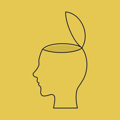 vector linear illustration head with an open part on a yellow background. the concept of propaganda, obtaining information and influencing consciousness