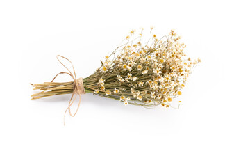 Composition with chamomile flowers and homemade cosmetic, essential oil, sopa,  on white...