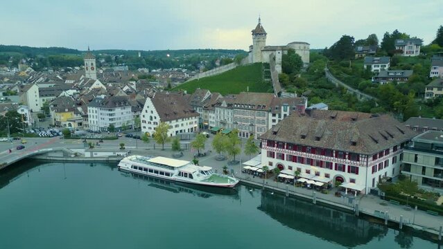Sideways drone shot of the city centre of Schaffhausen
