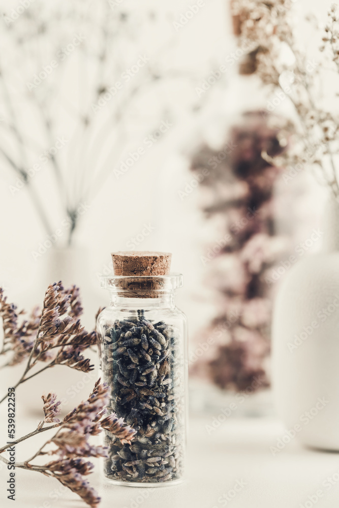 Poster Dried lavender flowers with bottle. Homeopathy background.