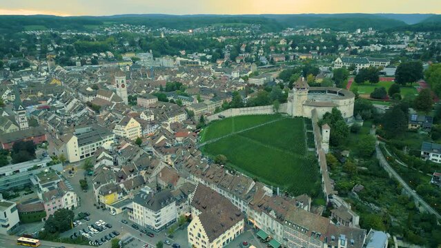 Drone orbiting around Munot fortress in Schaffhausen