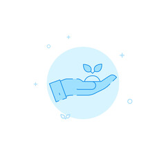 Hand holding plant sprout vector icon. Flat illustration. Filled line style. Blue monochrome design. Editable stroke. Adjust line weight.