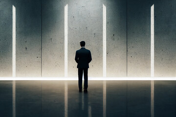 businessman in front of concrete walls obstacles