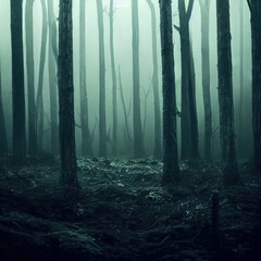 Naklejka premium Gloomy, spooky, foggy dark forest landscape. Mysterious horror forest background. 3D illustration.