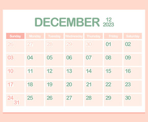 Calendar for year 2023. December. Office Corporate planner template in pastel colors. Wall or Desktop calendar page. Minimalism. Week starts on Sunday. Vector illustration	