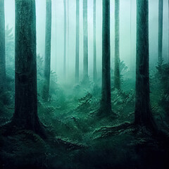 Fototapeta premium Gloomy, spooky, foggy dark forest landscape. Mysterious horror forest background. 3D illustration.